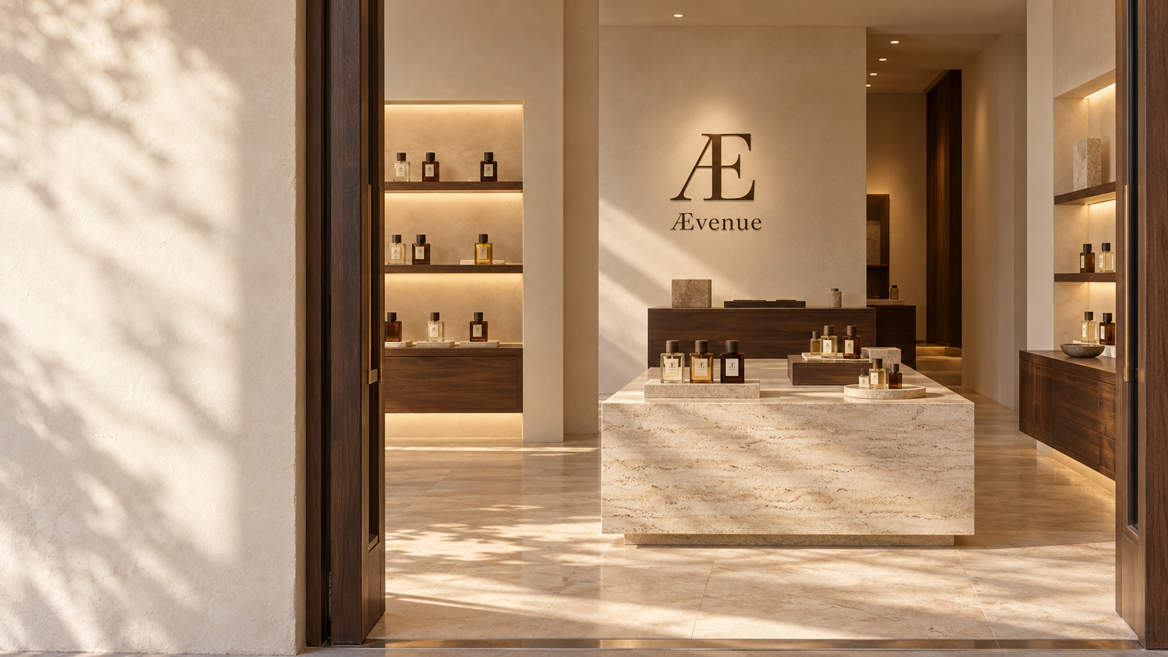 The Ævenue boutique interior with marble counter and Æ monogram