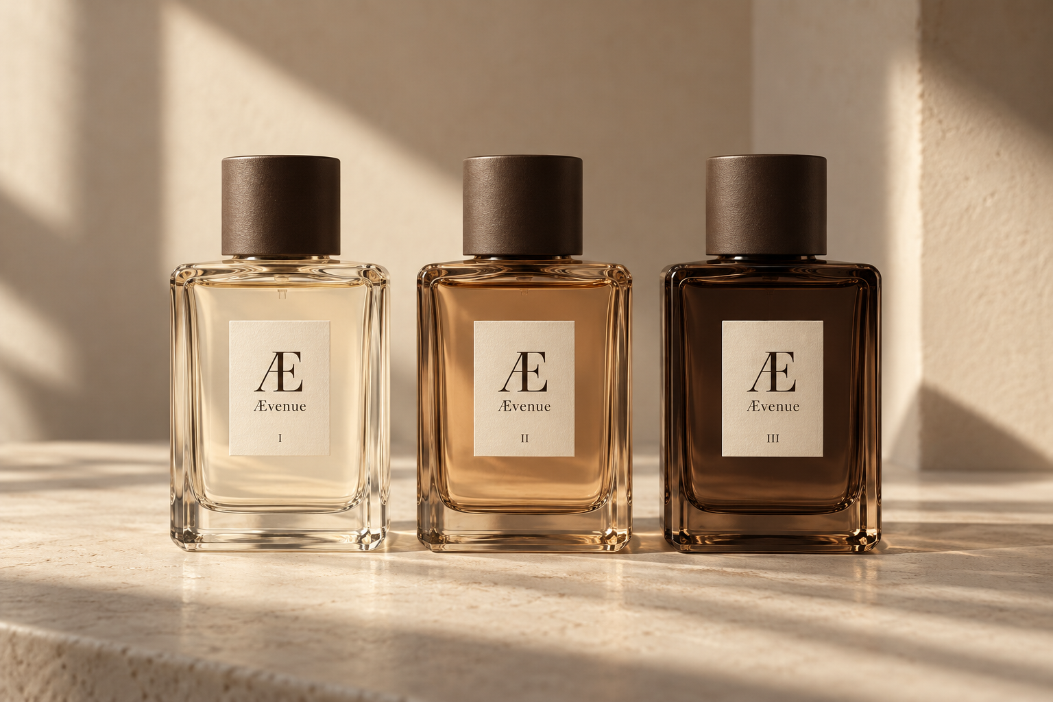 Ævenue I, II and III Eau de Parfum bottles in warm light